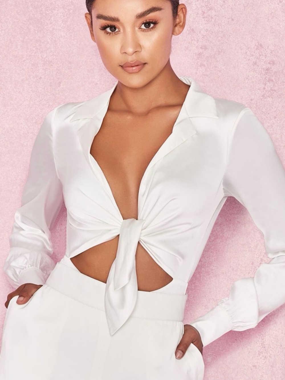 House of London CB White Deep V Satin Front Tie Bodysuit Collared Blouse Medium